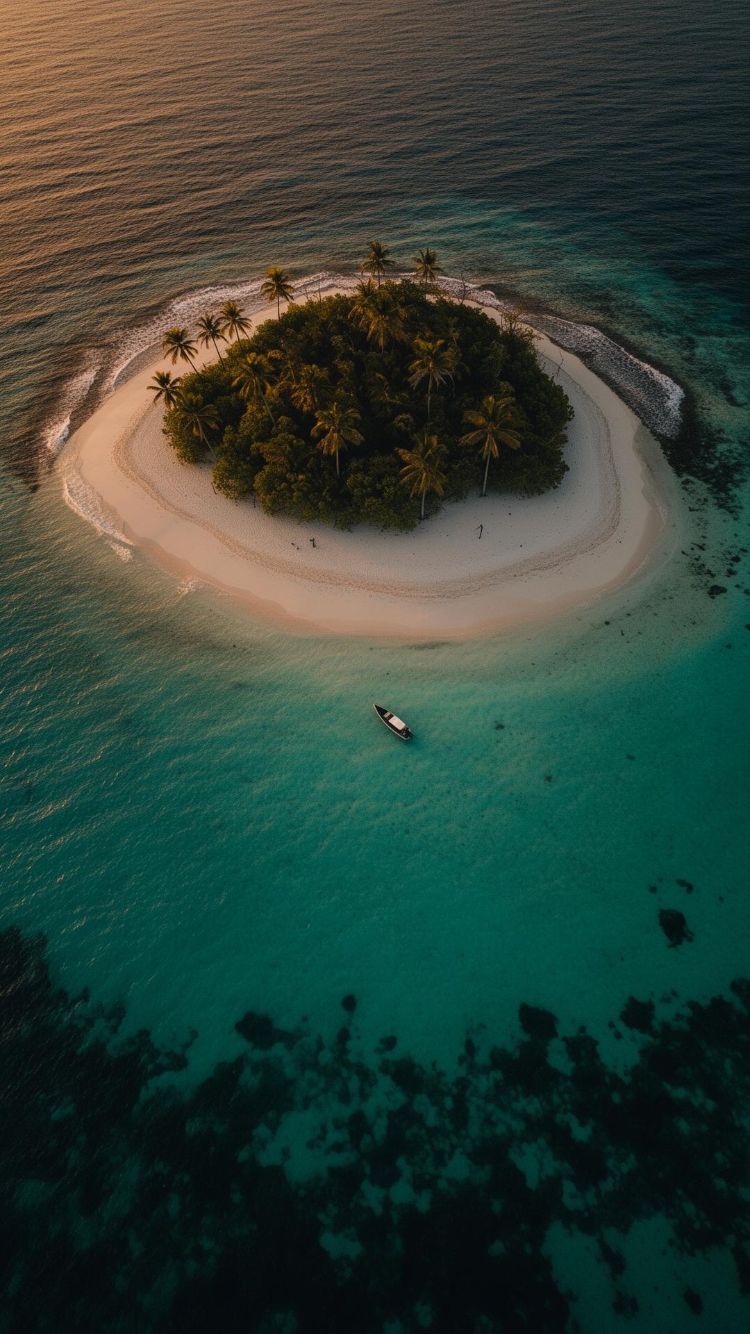 Aerial view of an island at golden hour